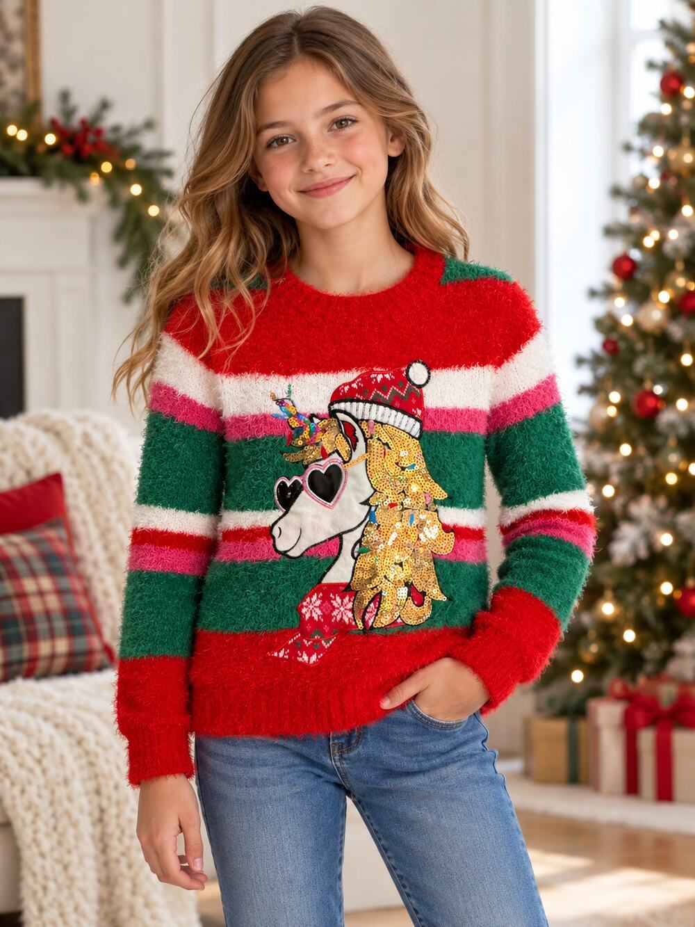 Holiday Time Sequined Unicorn Sweater Girls 6-6X